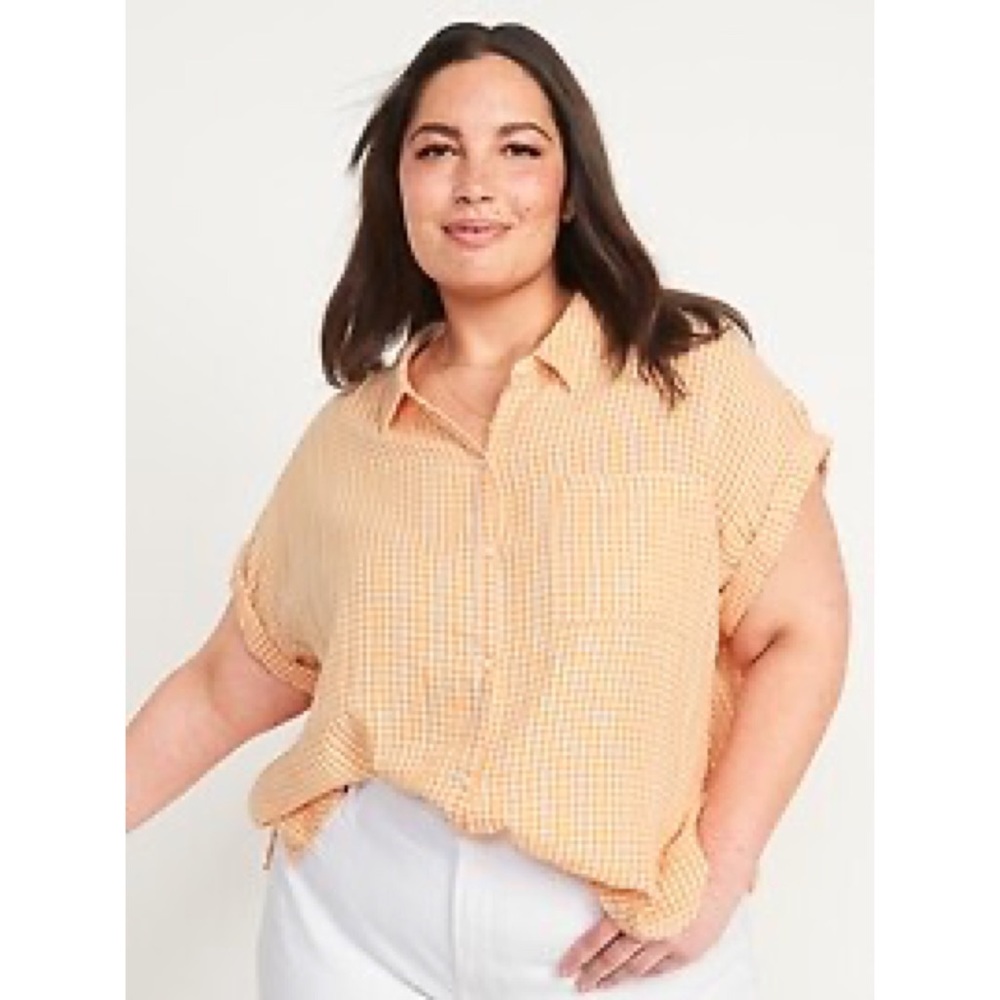 Old Navy Short Sleeve Oversized Cropped Crinkled Gingham Shirt, XL